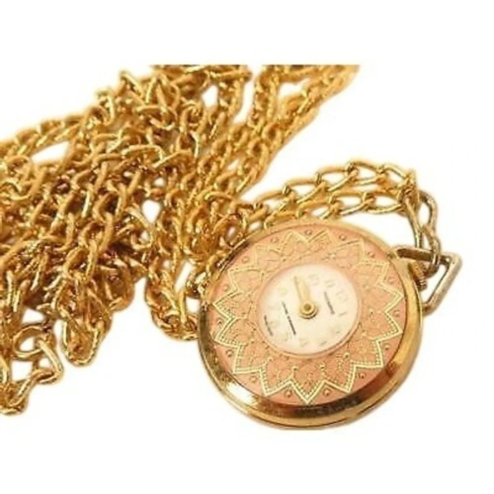 Triomphe‎ Lifetime Mainspring Vintage Gold Plated Necklace Pendant Watch*F258